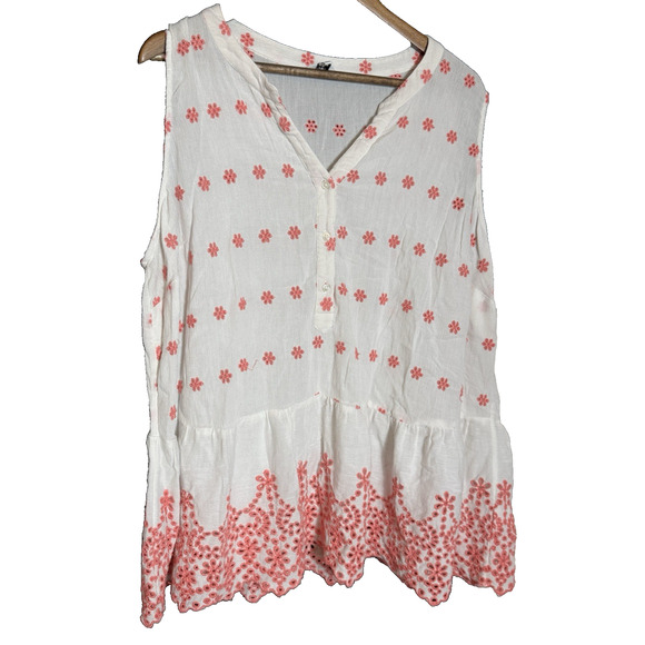 CROWN & IVY 2X Tank eyelets white pink ruffle cottage lightweight - Picture 1 of 9